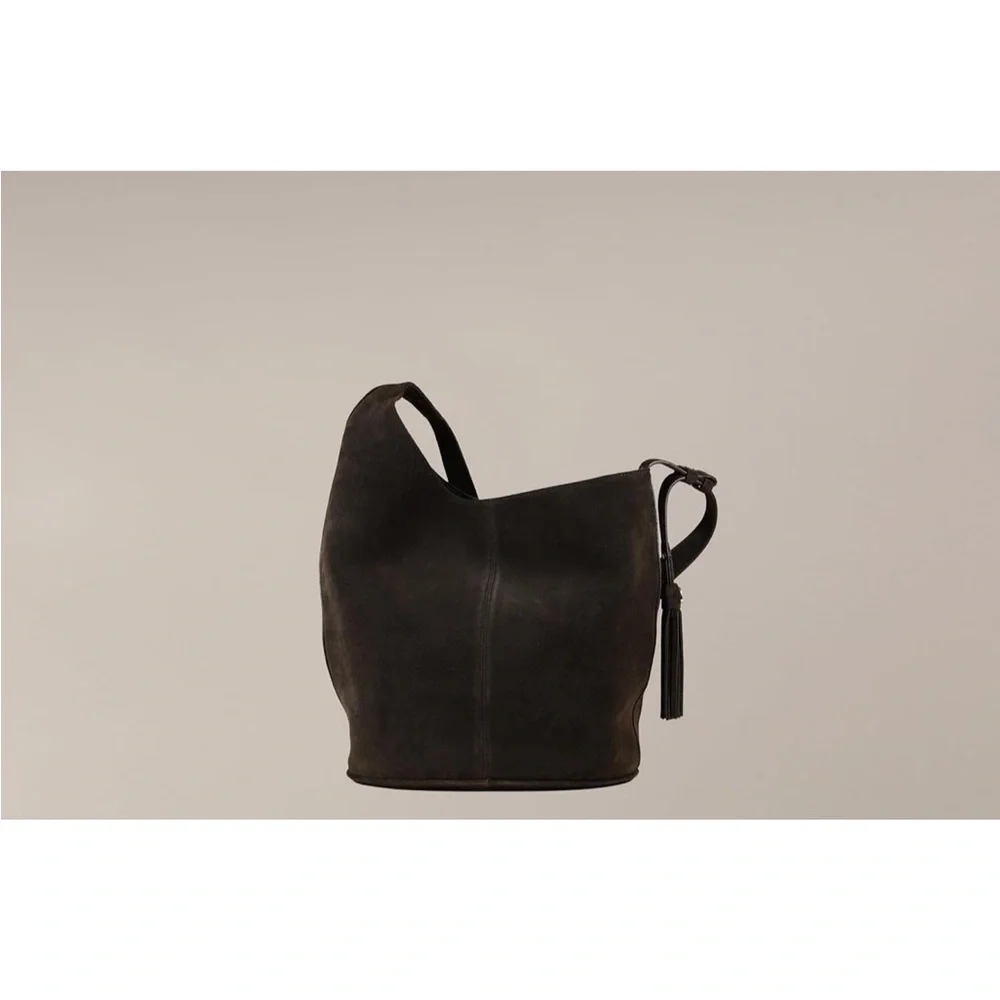 Sam Edelman🤎🖤 Astrid spiced pecan Suede Women's Black Leather Bucket Bag NWT